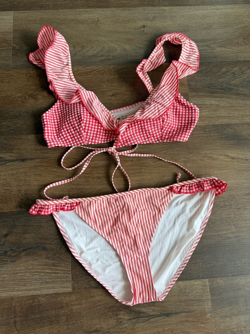 aerie Red and White Striped Ruffle Tie Bikini